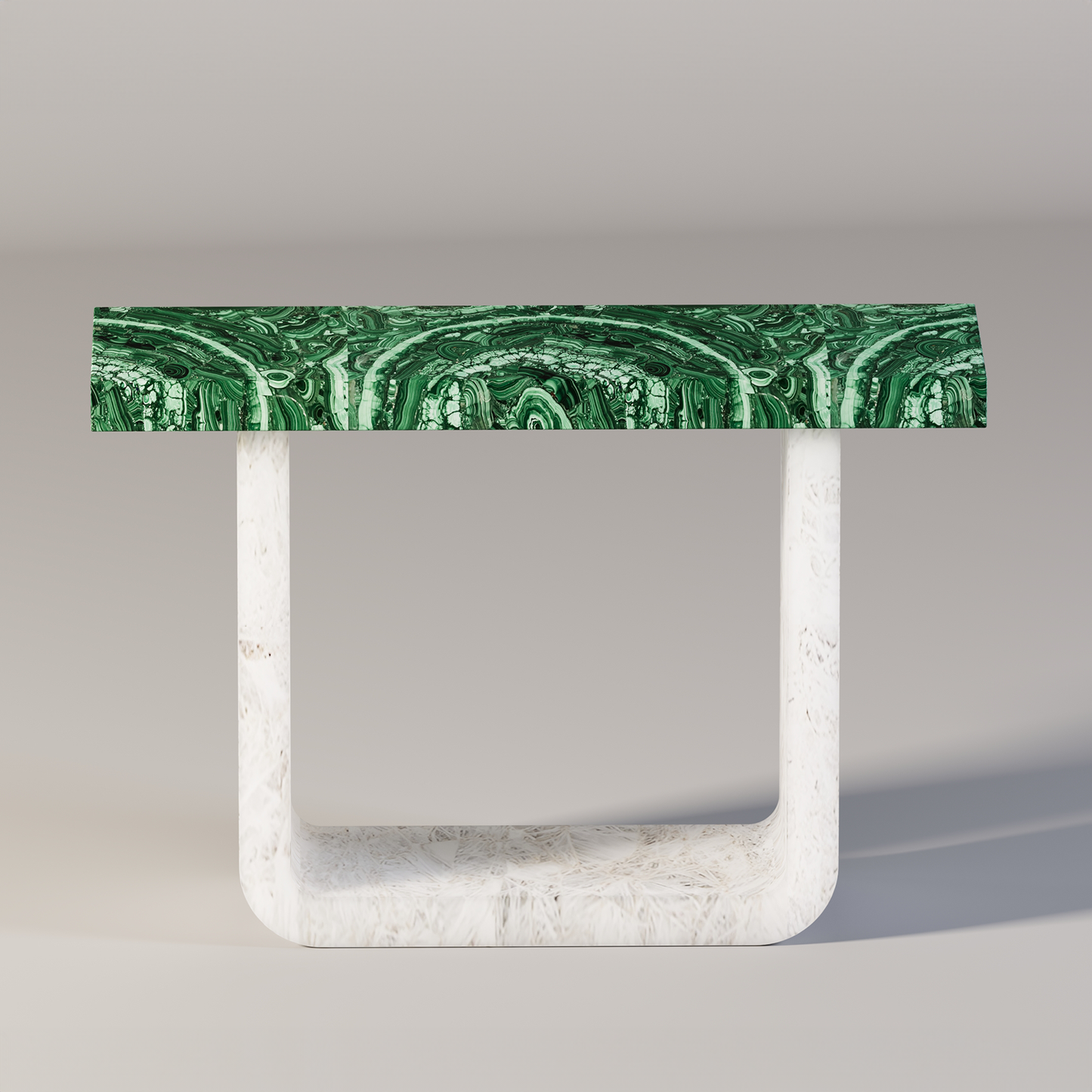 Malachite and white quartz entry table with curved stone base, handcrafted by Pierre Mason