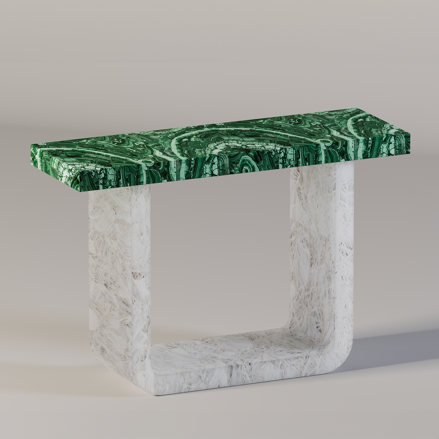 Malachite and white quartz entry table with curved stone base, handcrafted by Pierre Mason