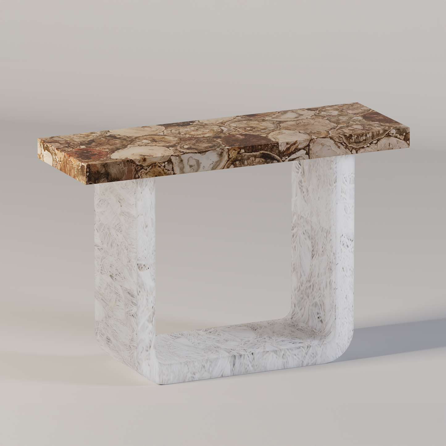 Petrified wood entry table with curved white quartz base, handcrafted by Pierre Mason