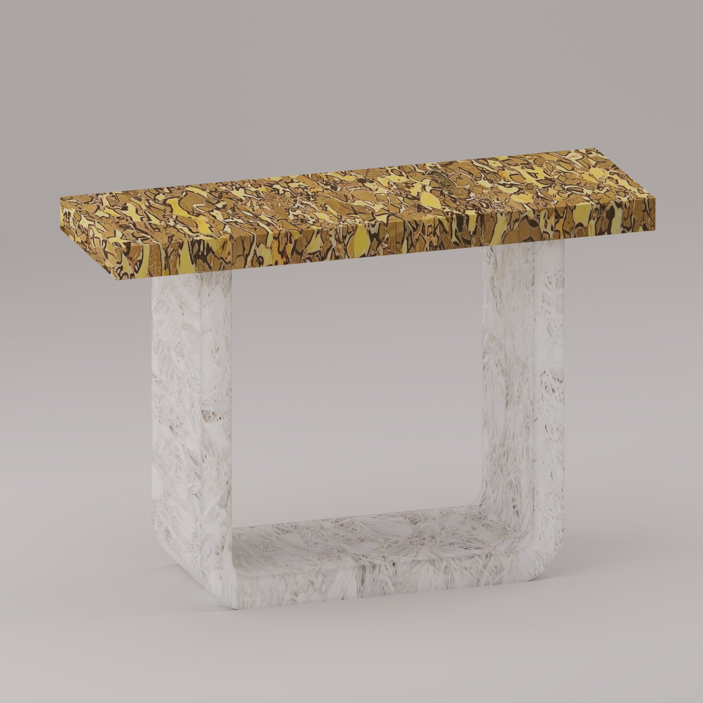 Septarian stone entry table with curved white quartz base, handcrafted by Pierre Mason