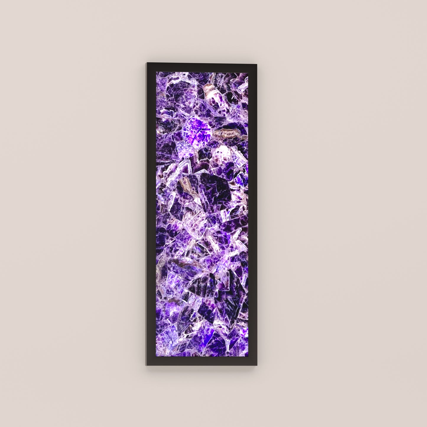 Framed Amethyst backlit wall sconce panel with dimmable LED lighting. Handcrafted and wall-mounted. Custom sizes and materials available.