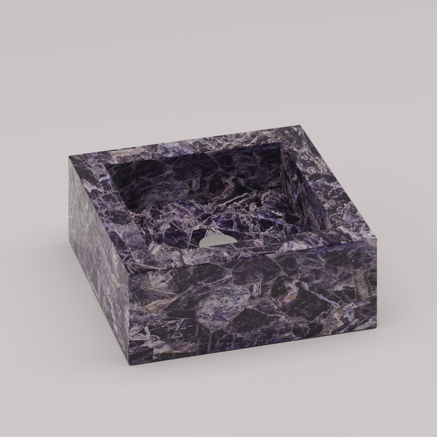 Square vanity sink in polished amethyst stone with rich purple veining and geometric form