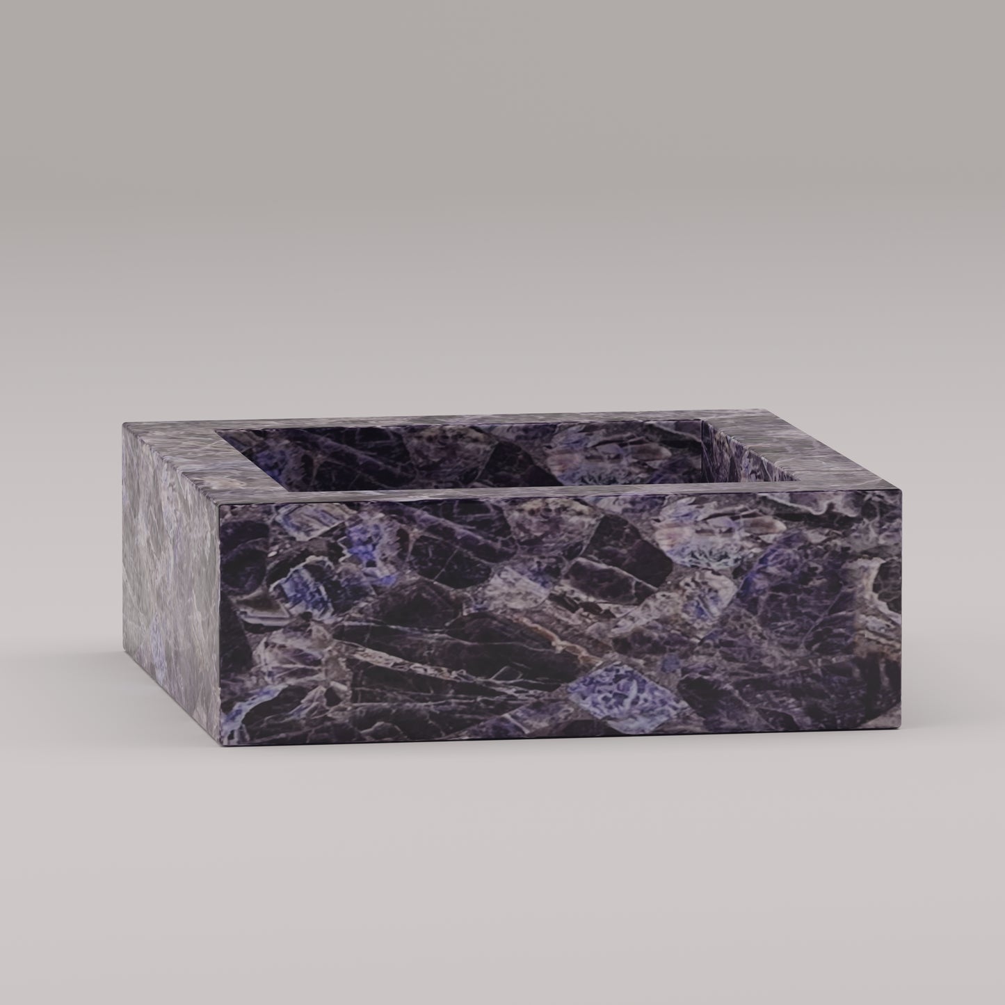 Square vanity sink in polished amethyst stone with rich purple veining and geometric form