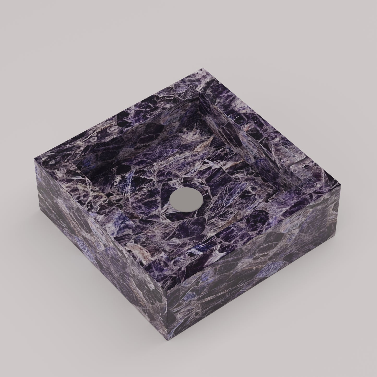 Square vanity sink in polished amethyst stone with rich purple veining and geometric form
