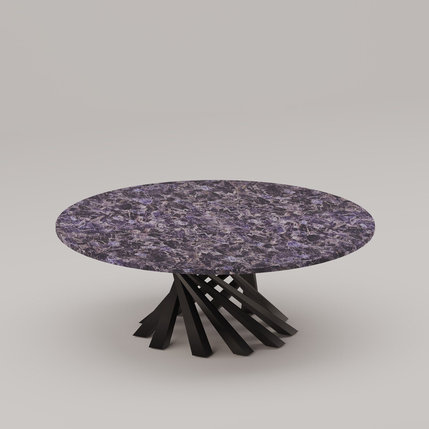 Luxury round coffee table with a 1-inch thick Amethyst top and sculptural black base. 48-inch diameter. Handcrafted designer piece by Pierre Mason.
