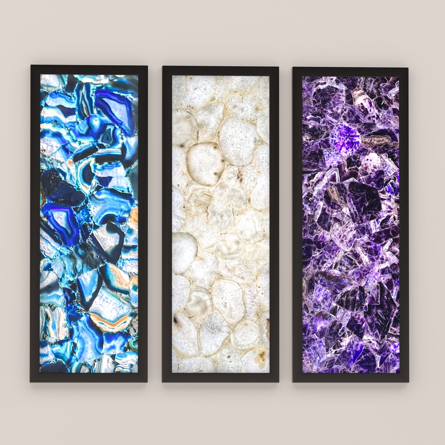 Set of three framed backlit wall sconce panels in Amethyst, Blue Agate, and White Agate. Handcrafted, dimmable LED, wall-mounted design.