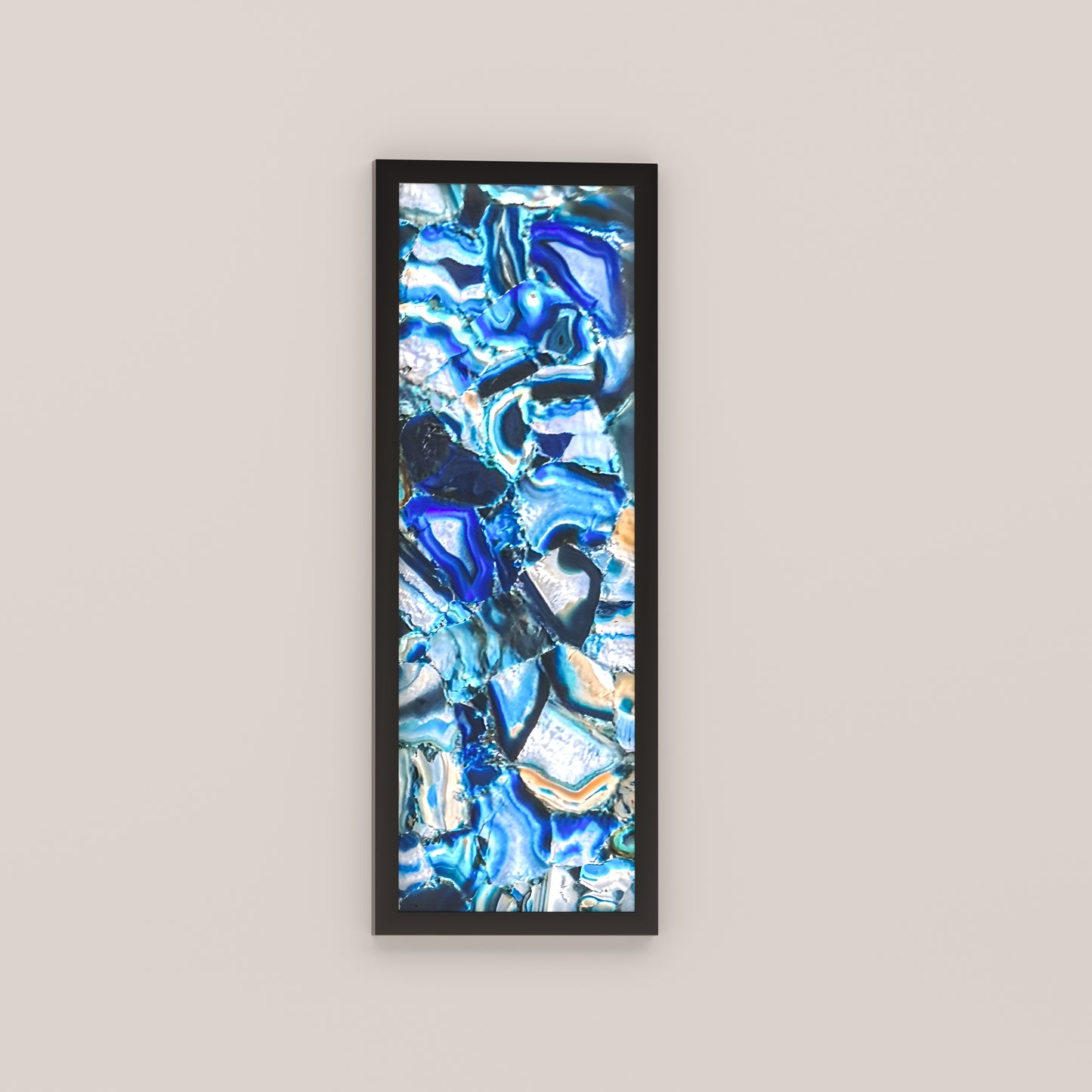 Framed Blue Agate backlit wall sconce panel with dimmable LED lighting. Handcrafted and wall-mounted. Custom sizes and materials available.