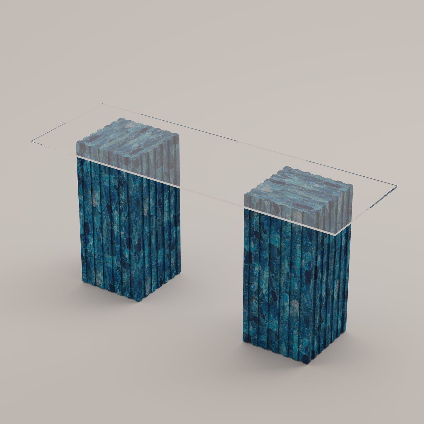 Cannelé Console Table with dual Apatite Aqua stone bases and a clear glass top, a vibrant architectural piece by Pierre Mason