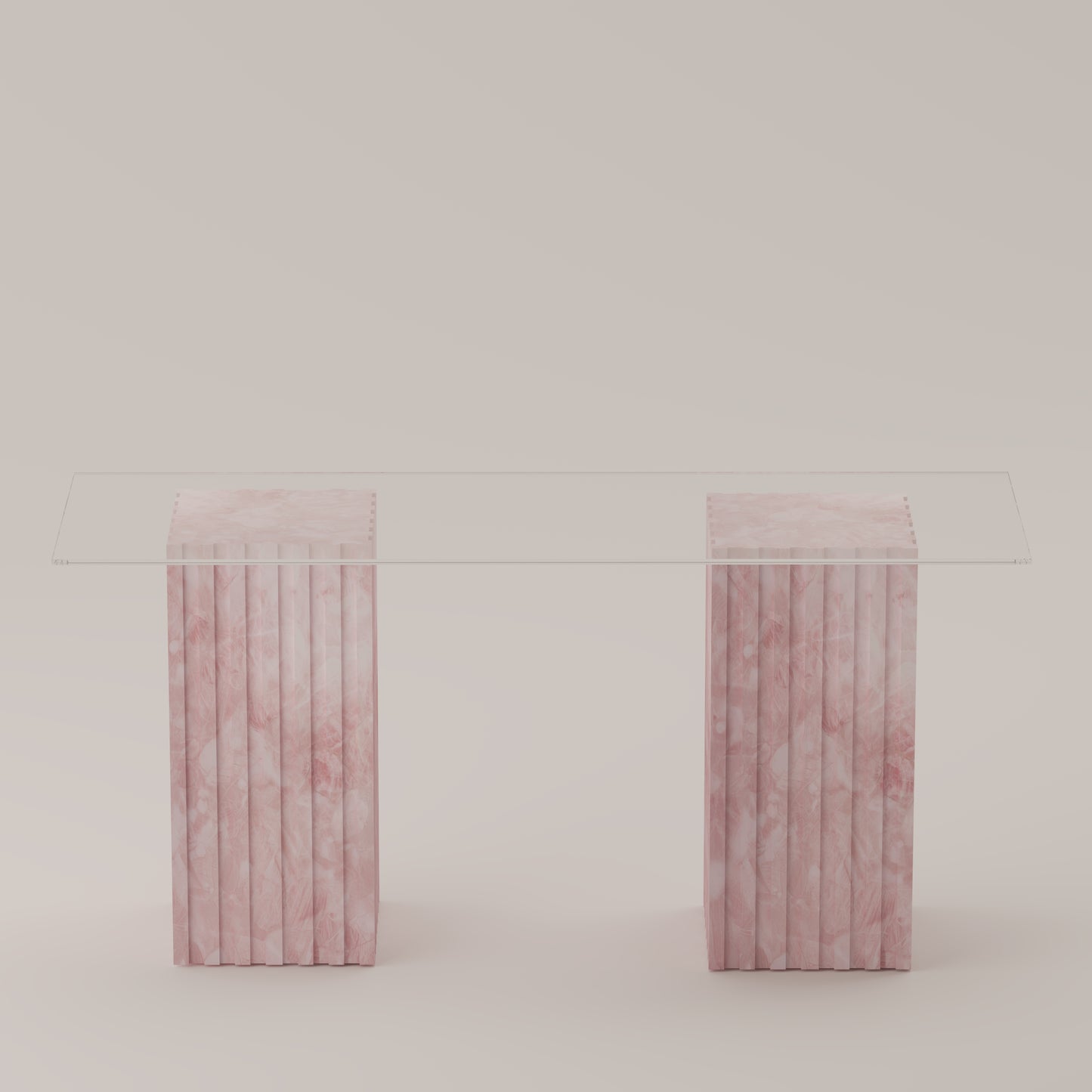 Cannelé Console Table with dual Pink Quartz stone bases and a clear glass top, a sculptural statement by Pierre Mason