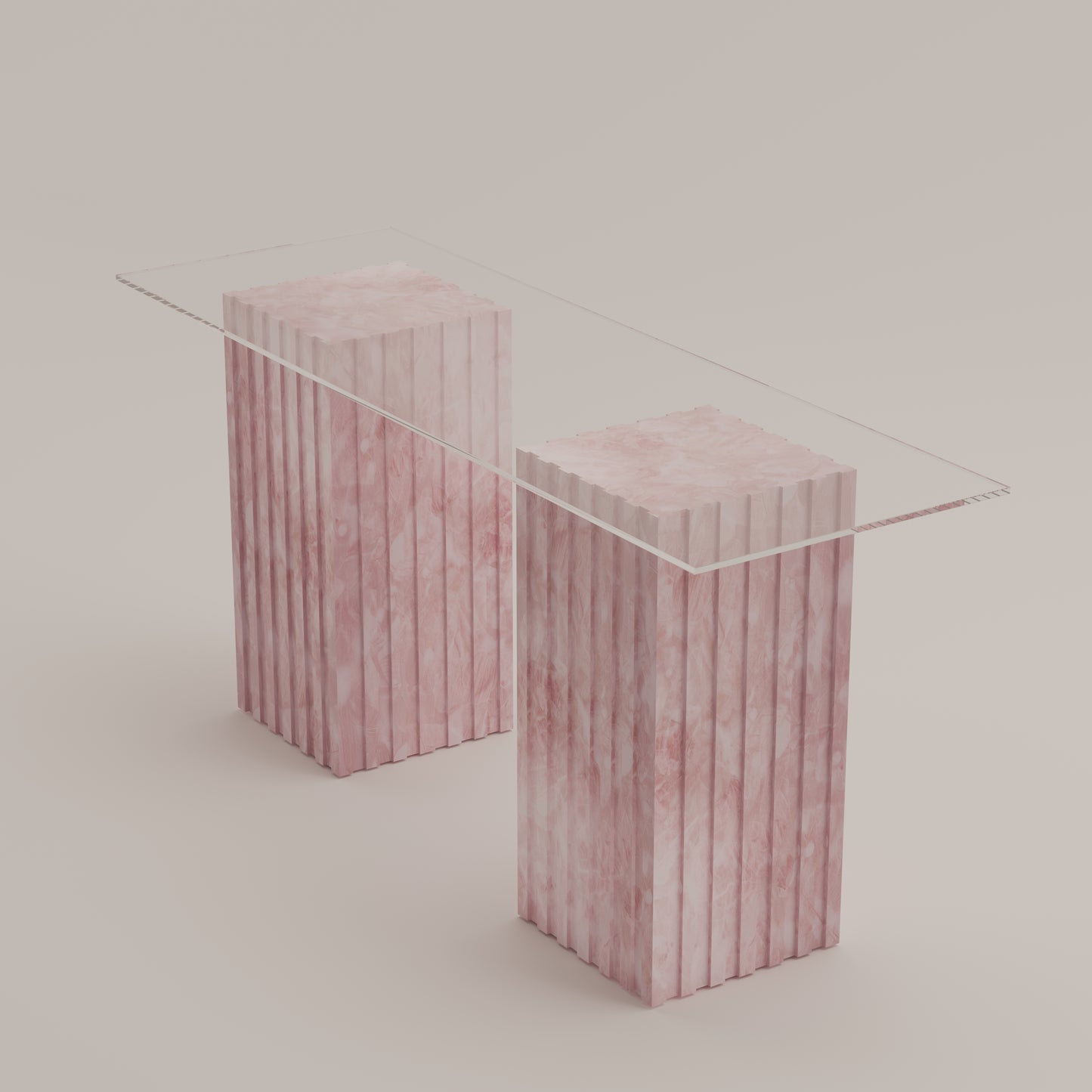 Cannelé Console Table with dual Pink Quartz stone bases and a clear glass top, a sculptural statement by Pierre Mason