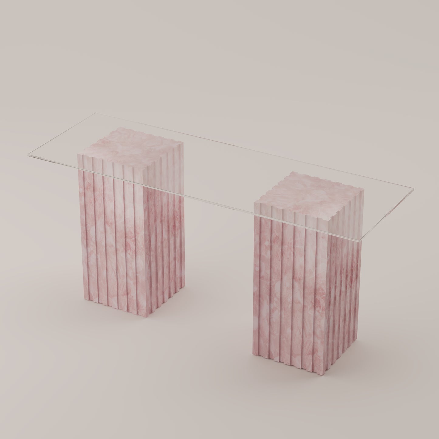 Cannelé Console Table with dual Pink Quartz stone bases and a clear glass top, a sculptural statement by Pierre Mason