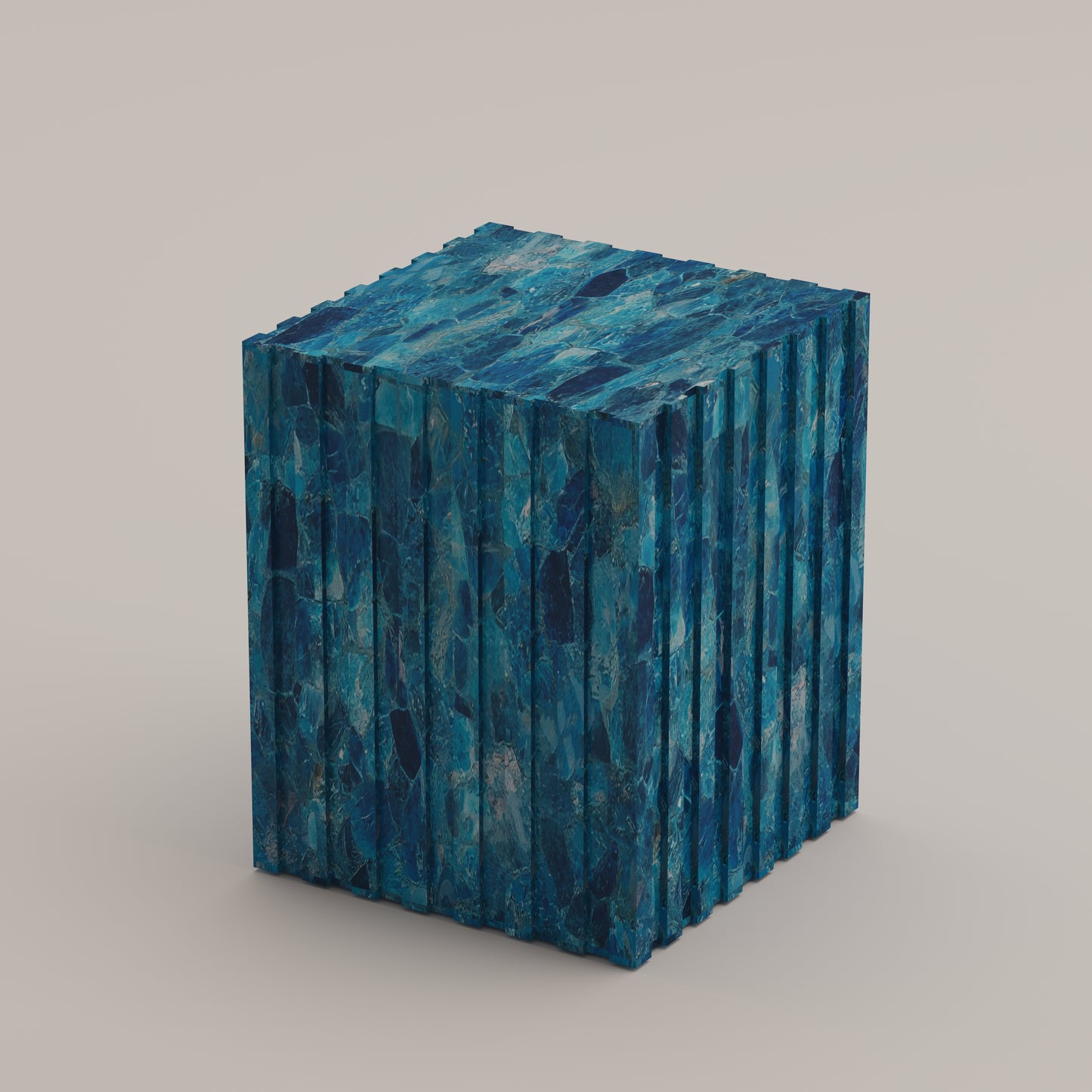 Cannélé End Table crafted entirely from Apatite Aqua semi-precious stone — a bold sculptural accent by Pierre Mason