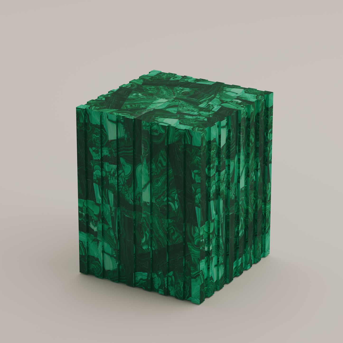 Cannélé End Table crafted entirely from Malachite semi-precious stone — a bold sculptural accent by Pierre Mason
