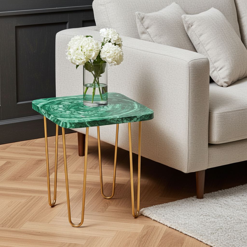 Légère Side Table with malachite stone top and brass legs styled beside a cream sofa in a modern living room, by Pierre Mason