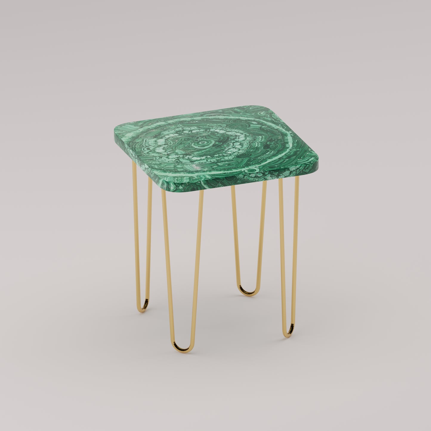 Légère Side Table with malachite stone top and handcrafted brass legs by Pierre Mason