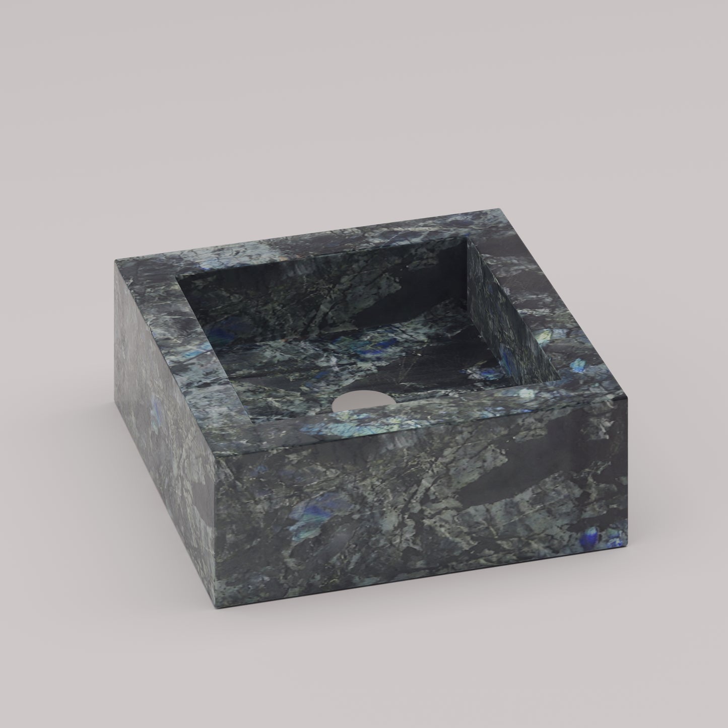 Square vanity sink in polished labradorite stone with iridescent blue and green tones