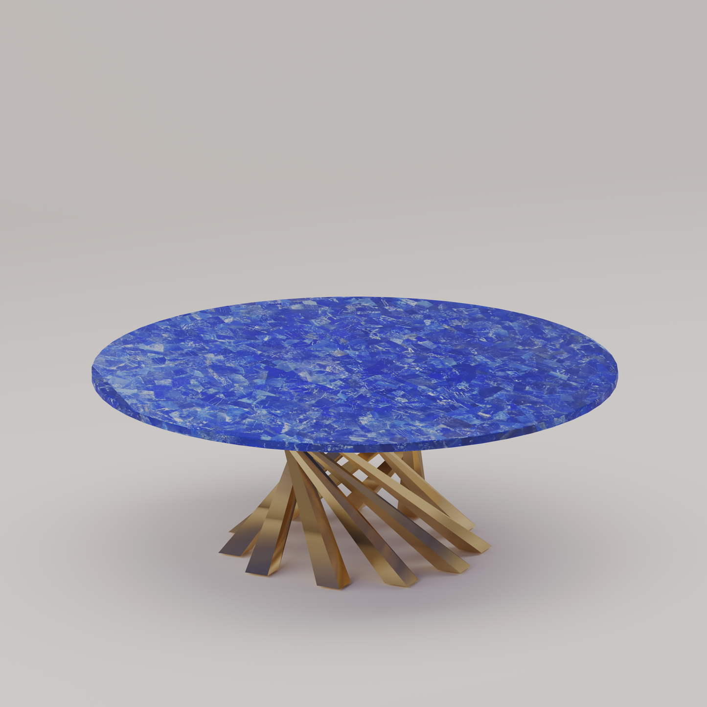Luxury round coffee table with a 1-inch thick Lapis Lazuli top and sculptural gold base. 48-inch diameter. Handcrafted designer piece by Pierre Mason.