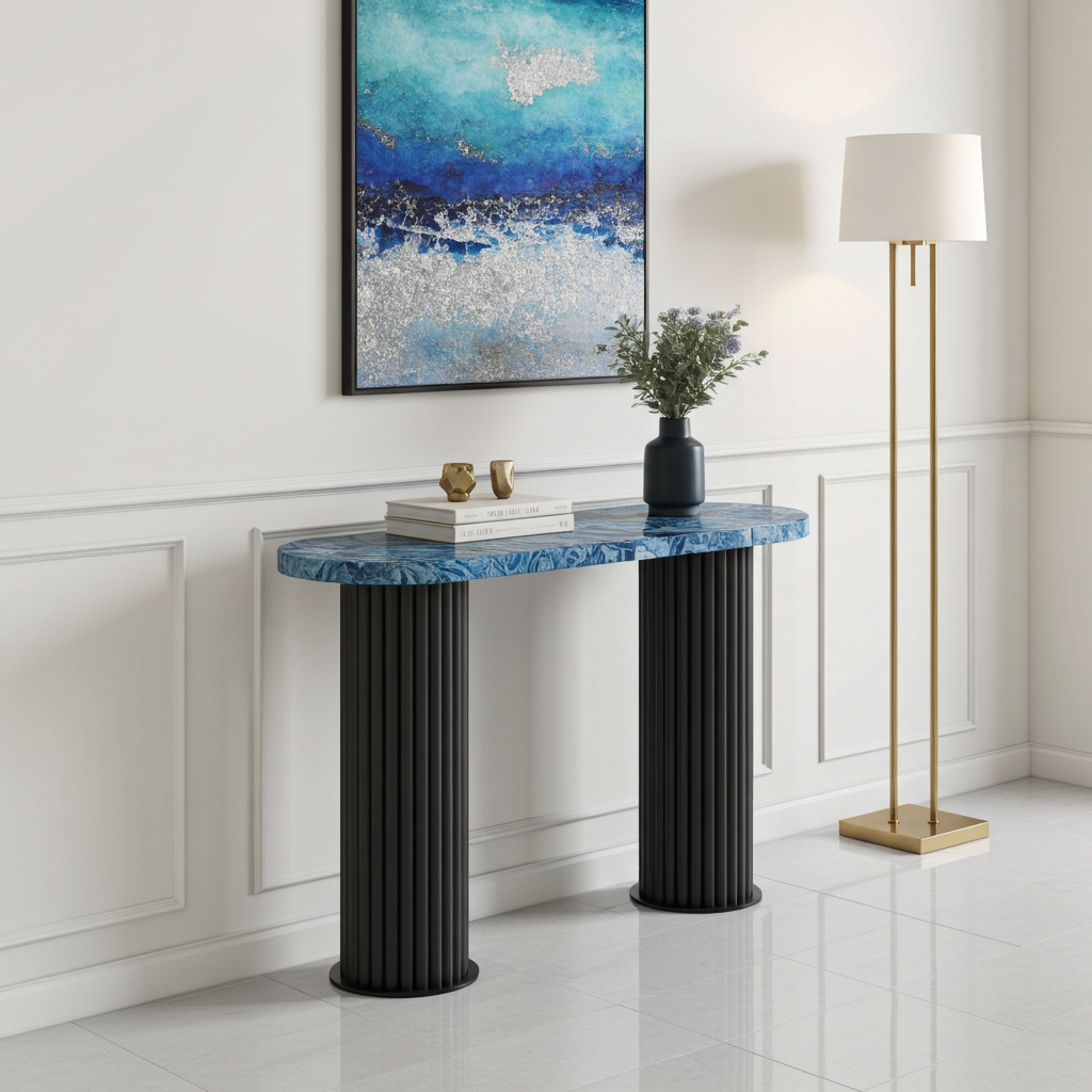 Majesté Console Table with blue agate stone top and handcrafted umbra grey metal base styled in a bright modern room with artwork, books, and decor.