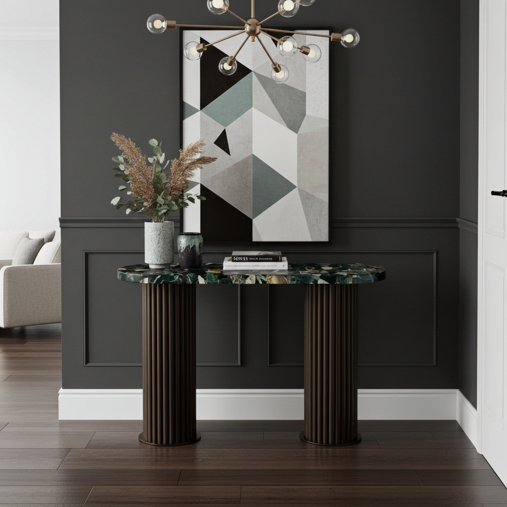 Majesté Console Table with green jasper stone top and handcrafted dark bronze metal base styled in a modern entryway with wall art and decor.