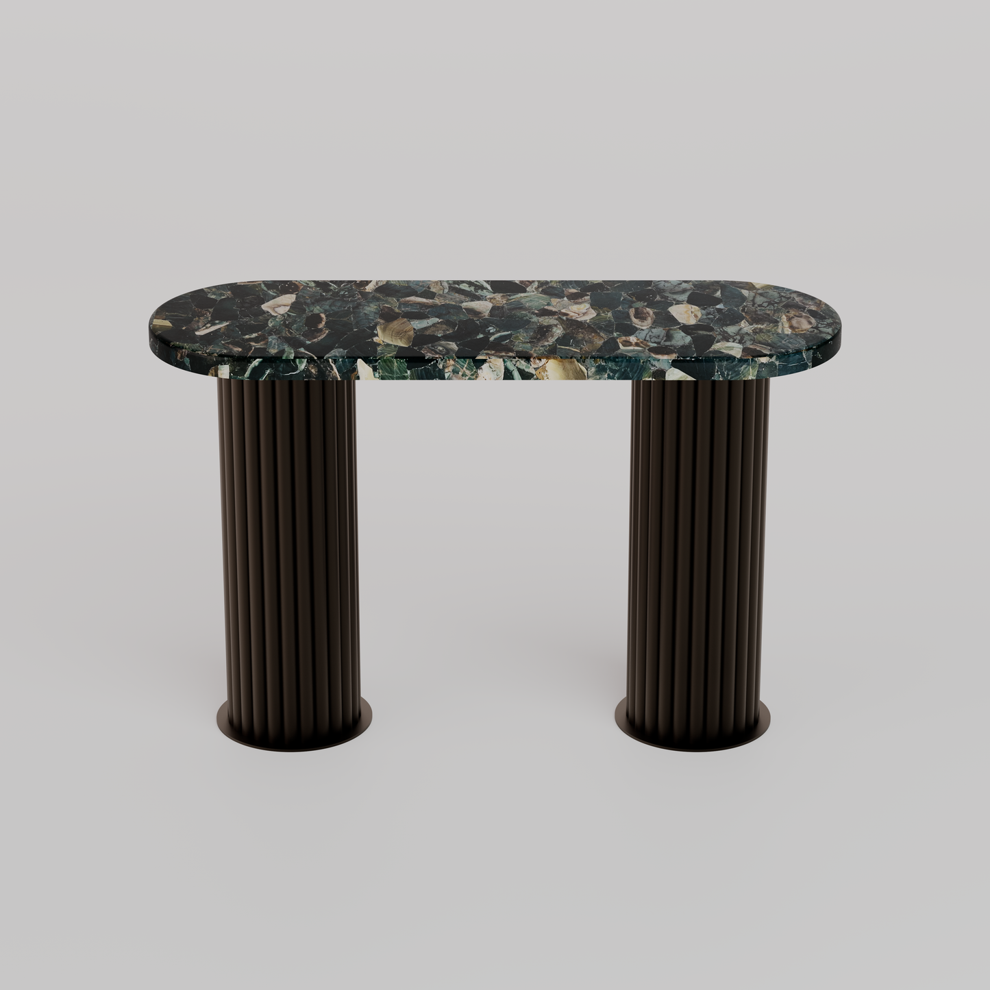 Majesté Console Table with green jasper stone top and handcrafted metal base in dark bronze finish by Pierre Mason