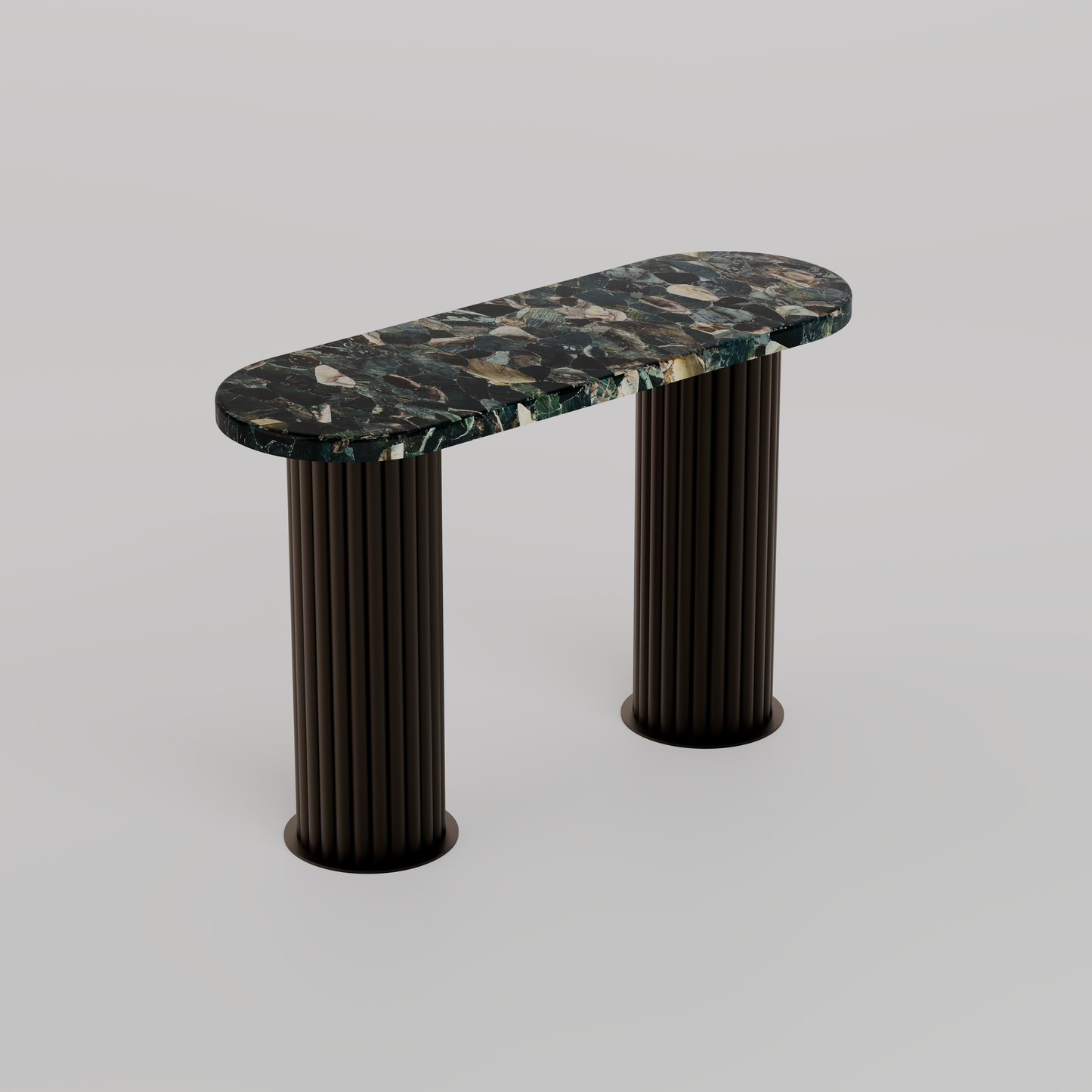 Majesté Console Table with green jasper stone top and handcrafted metal base in dark bronze finish by Pierre Mason