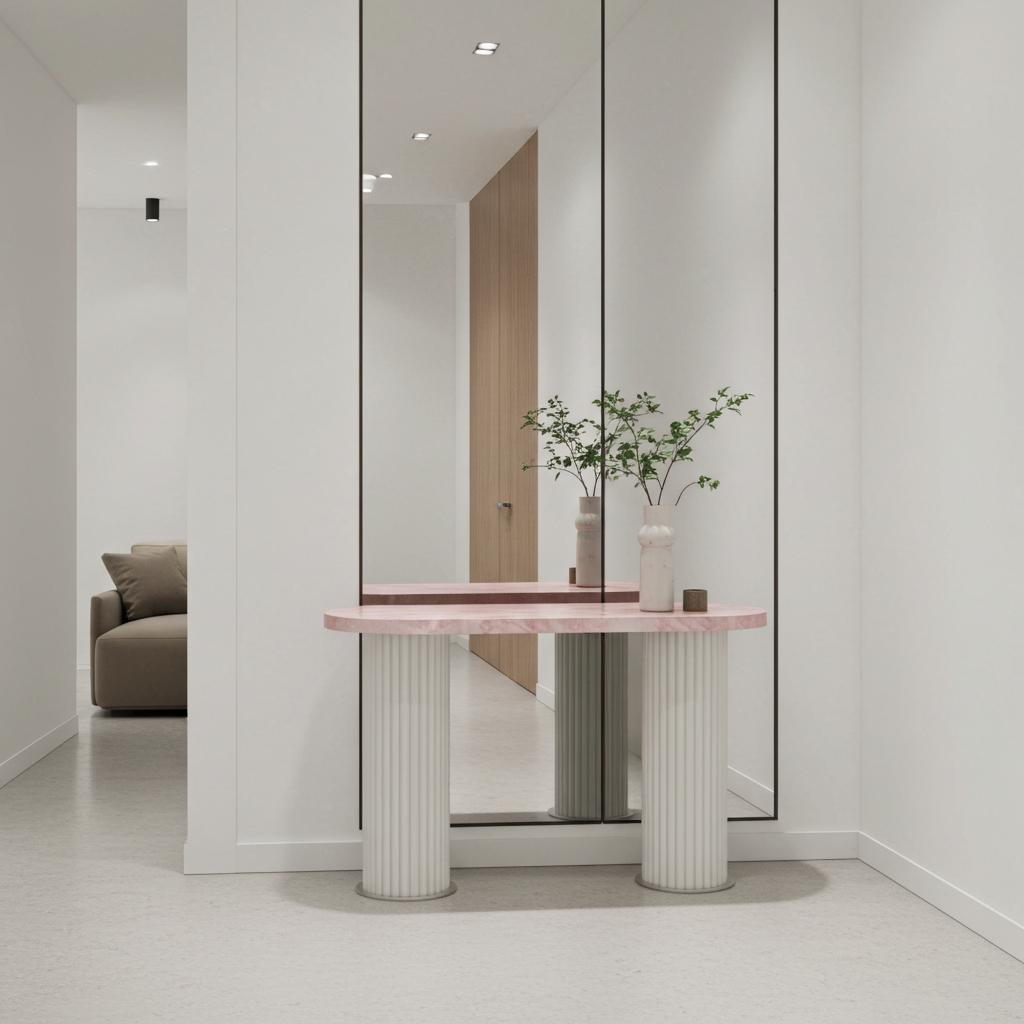 Majesté Console Table with pink quartz stone top and handcrafted oyster white metal base styled in a modern hallway with a full-height mirror and decor.