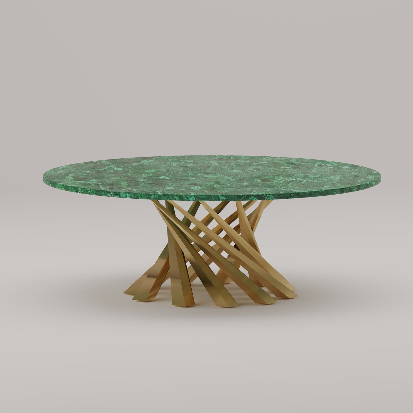 Luxury round coffee table with a 1-inch thick malachite top and sculptural gold base. 48-inch diameter. Handcrafted designer piece by Pierre Mason.