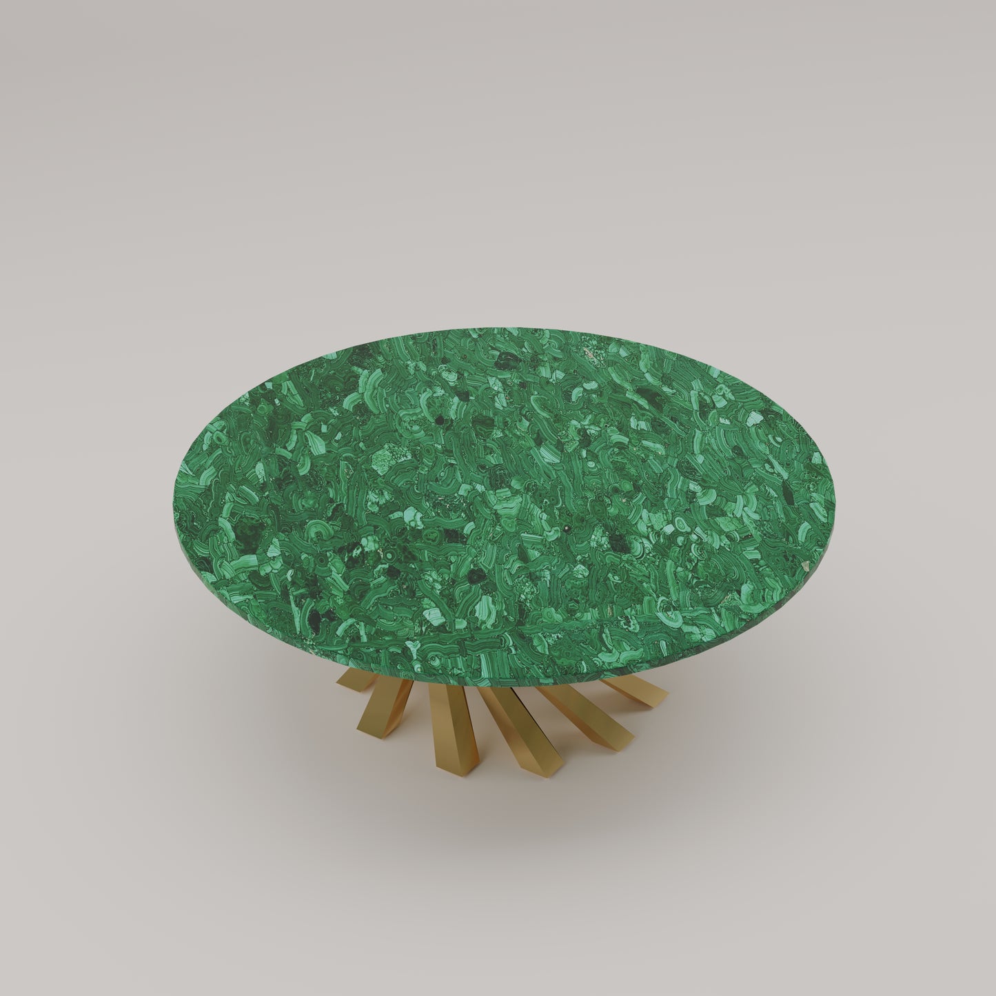 Luxury round coffee table with a 1-inch thick malachite top and sculptural gold base. 48-inch diameter. Handcrafted designer piece by Pierre Mason.