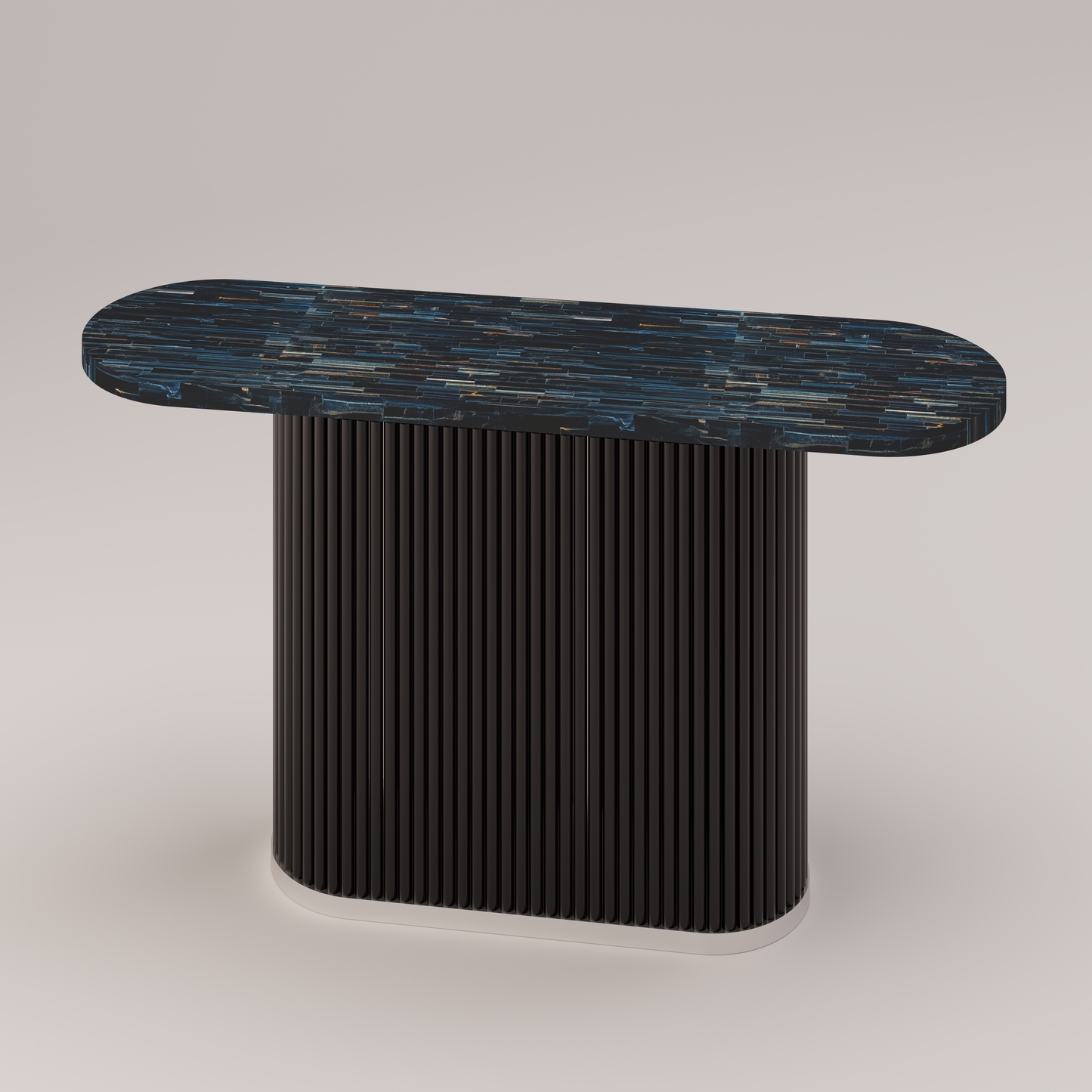 Tiger eye blue brick console and accent table with fluted metal base by Pierre Mason