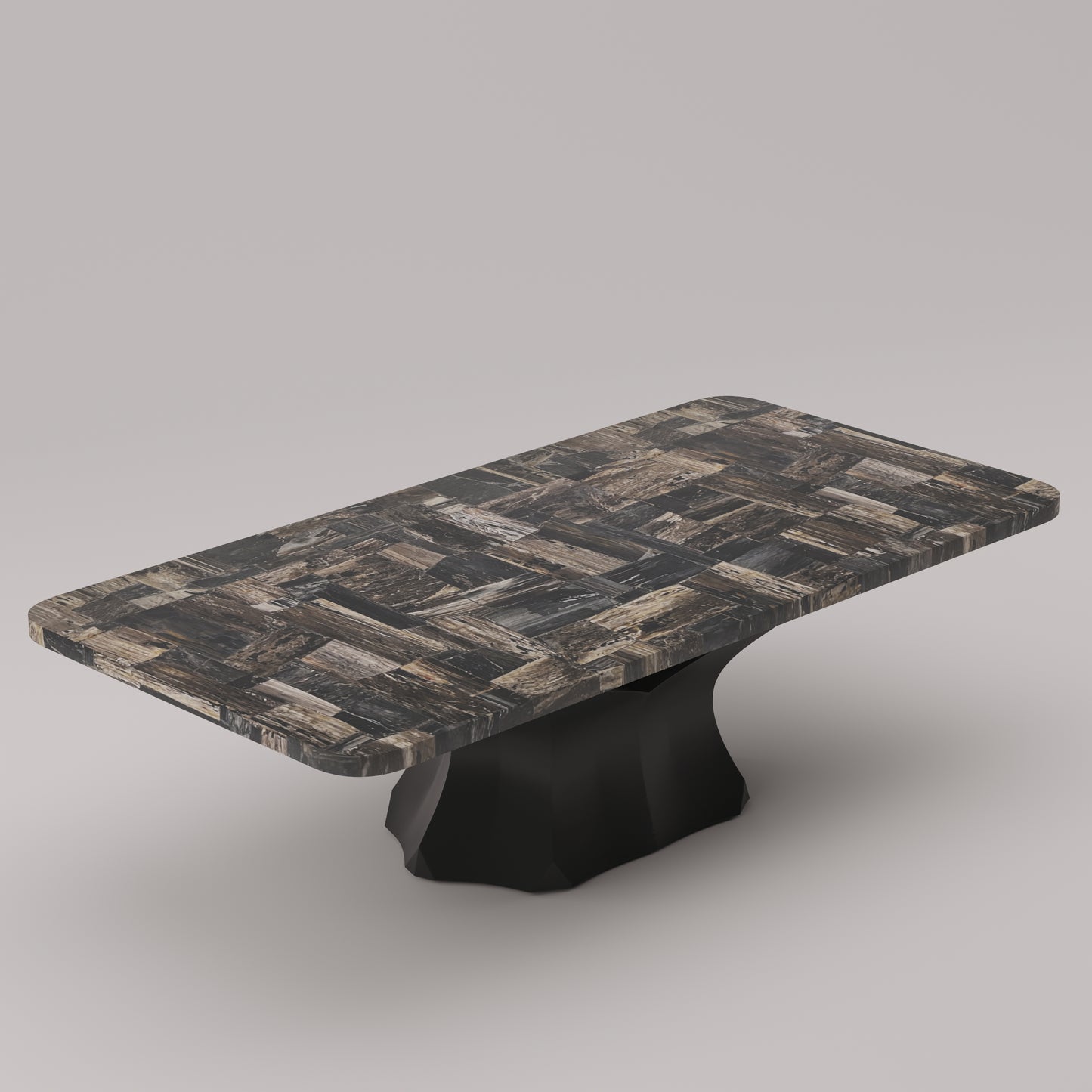 Arboresce Coffee Table by Pierre Mason with a polished black petrified wood slab and sculptural stone base in a bold, retro-inspired silhouette