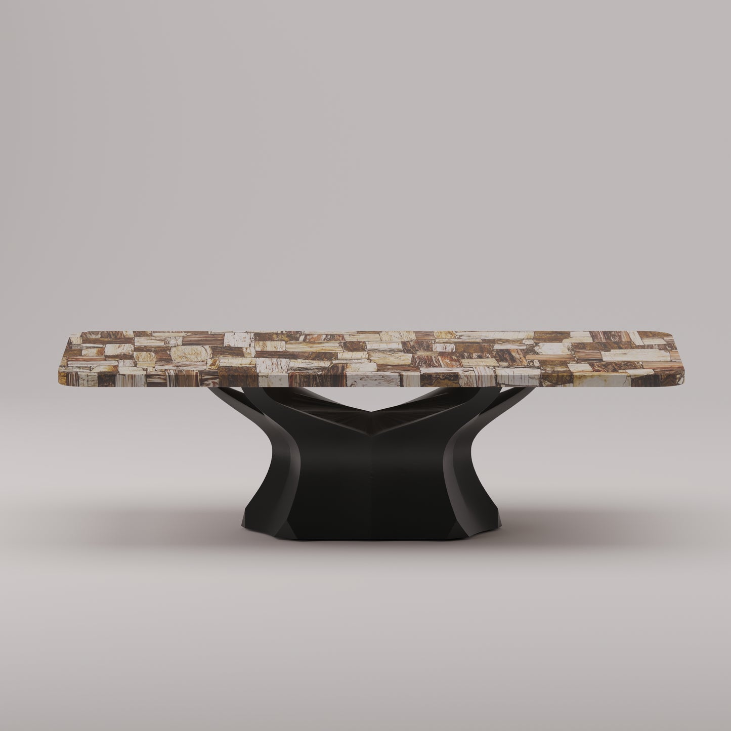 Arboresce Coffee Table by Pierre Mason featuring a polished petrified wood slab in warm brown tones with sculptural base in semi-precious stone