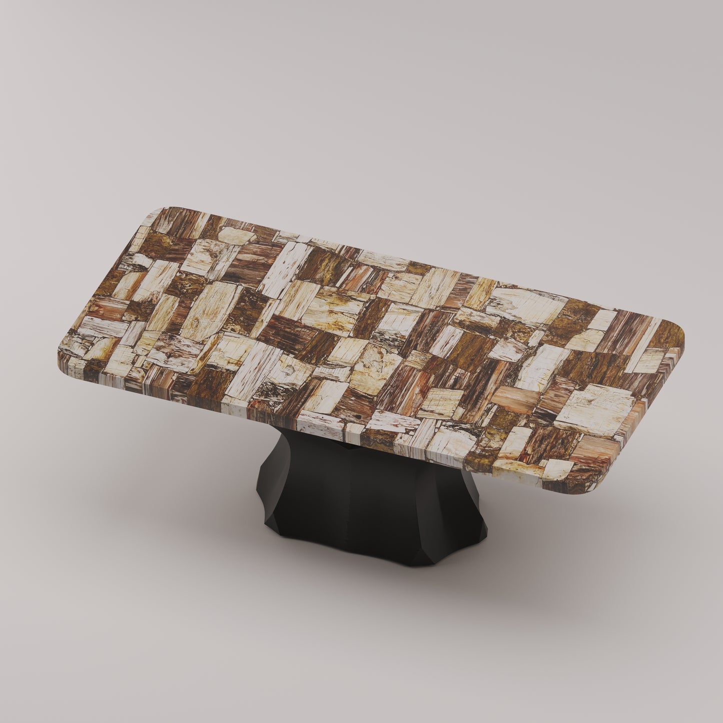 Arboresce Coffee Table by Pierre Mason featuring a polished petrified wood slab in warm brown tones with sculptural base in semi-precious stone