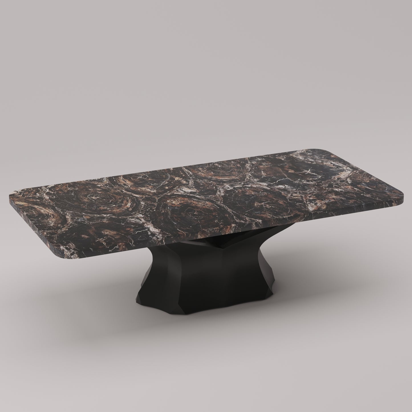 Large round Arboresce Coffee Table by Pierre Mason featuring a polished brown petrified wood top and sculptural stone base