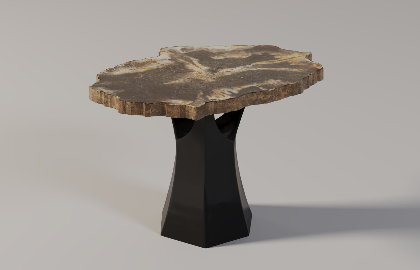 Arboresce mini coffee table by Pierre Mason with live edge petrified wood and sculptural base, crafted from natural semi-precious stone