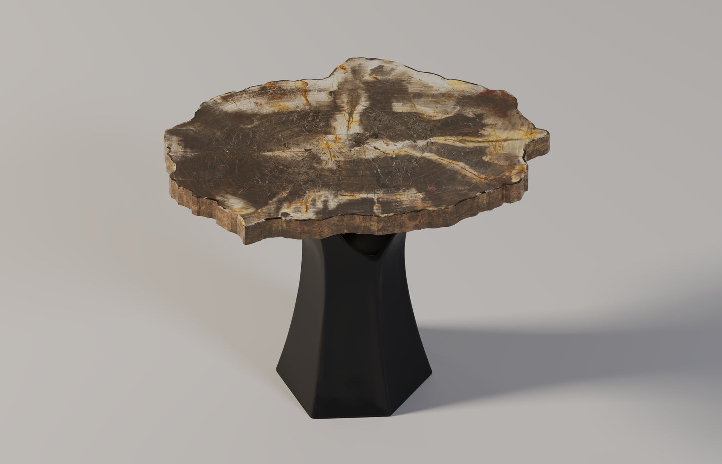 Arboresce mini coffee table by Pierre Mason with live edge petrified wood and sculptural base, crafted from natural semi-precious stone