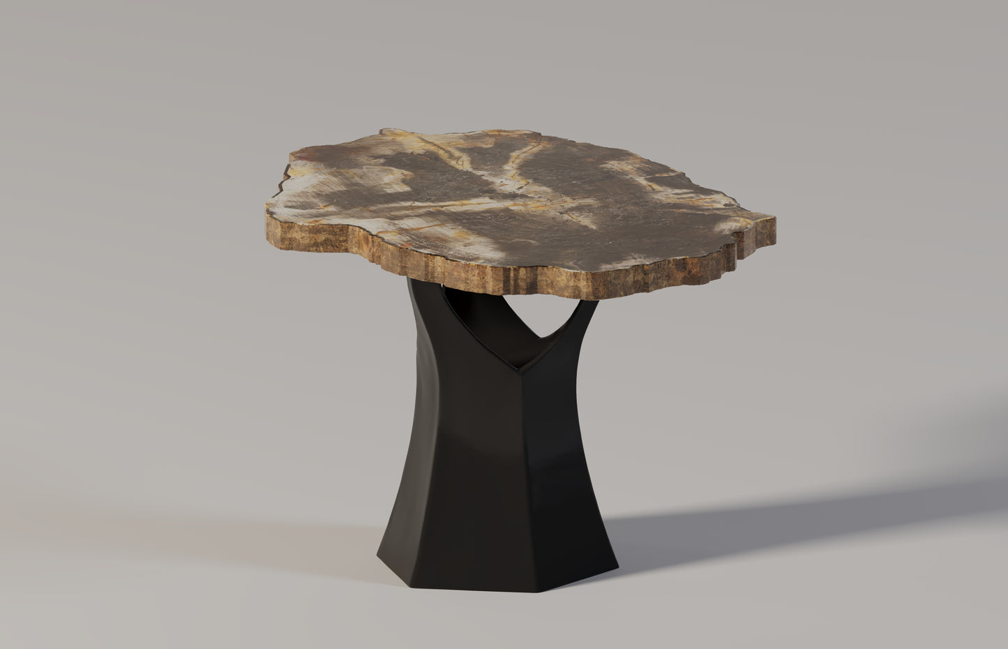 Arboresce mini coffee table by Pierre Mason with live edge petrified wood and sculptural base, crafted from natural semi-precious stone.