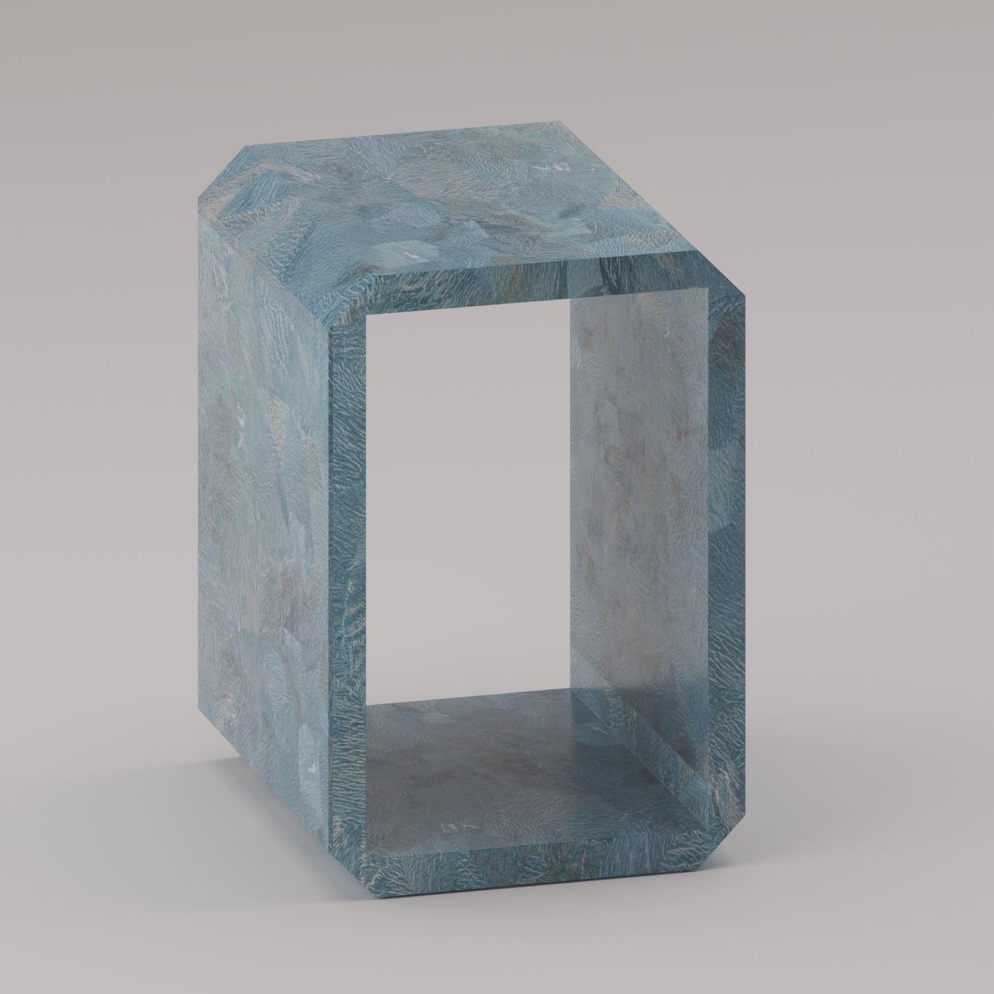 Monogramme End Table by Pierre Mason with chamfered-edge top in amazonite, showcasing a sculptural geometric base in semi-precious stone