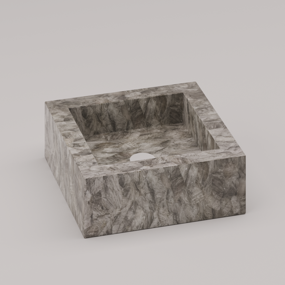 Square vanity sink in polished smoky quartz stone with translucent brown tones and modern form