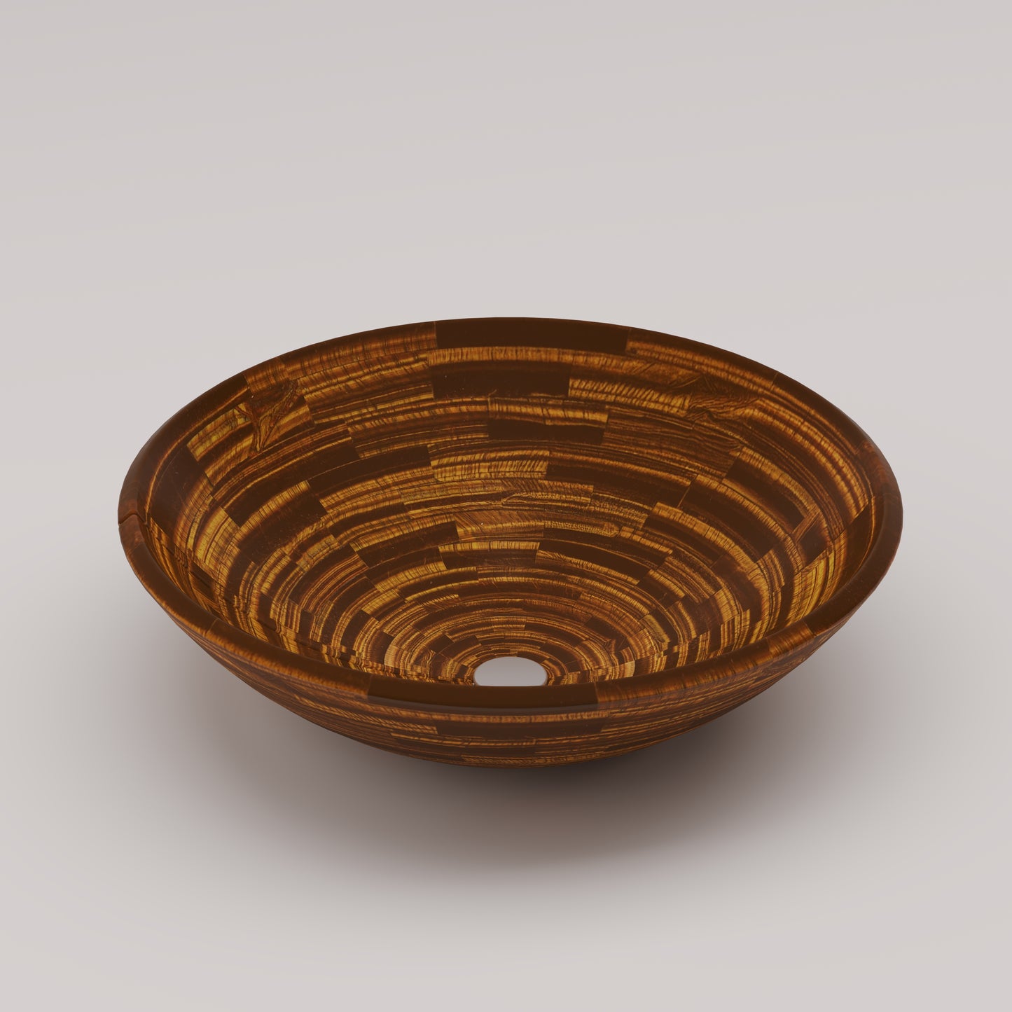 Luxury round sink handcrafted from Tiger Eye in a brick cut pattern, semi-precious stone design for high-end vanities by Pierre Mason