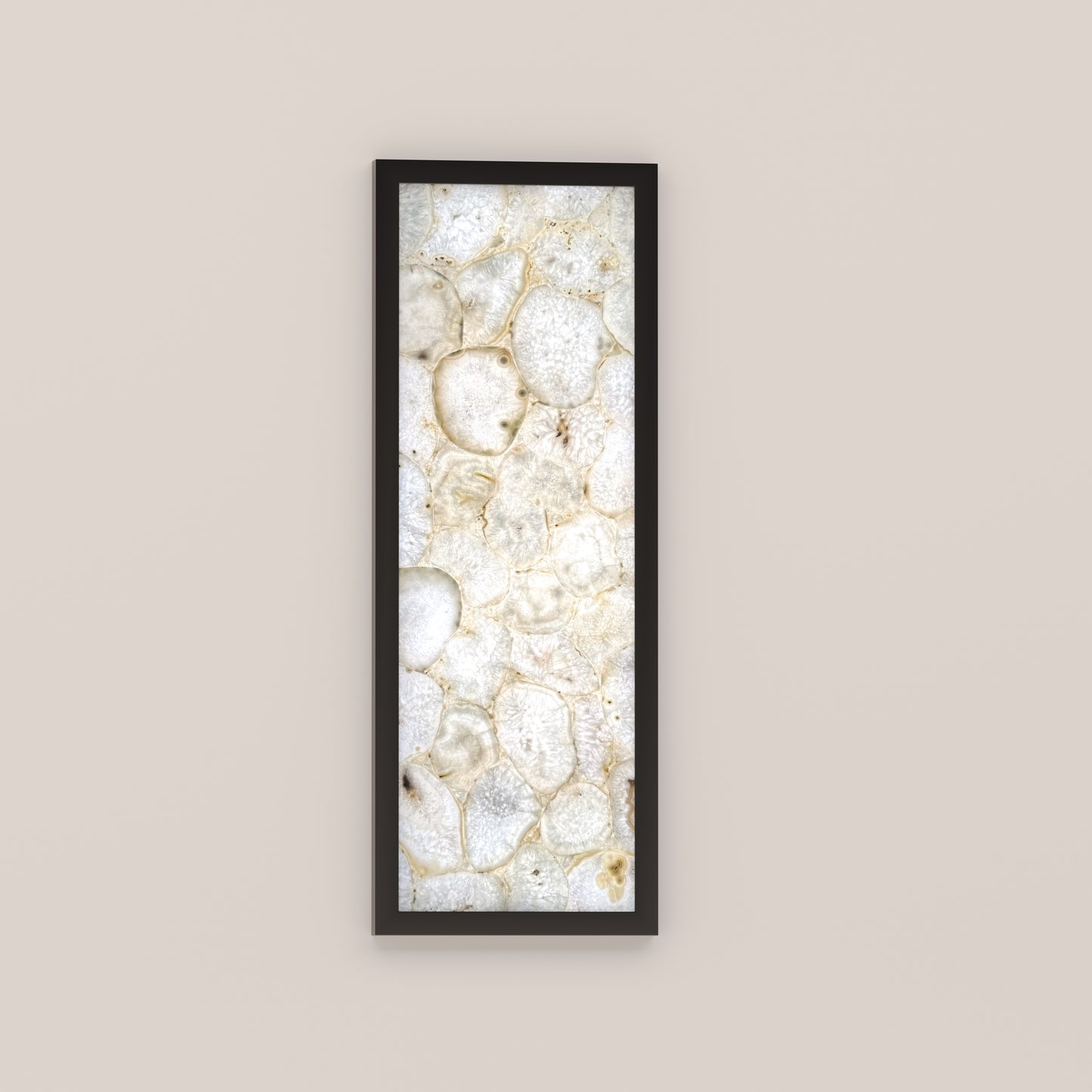 Framed White Agate backlit wall sconce panel with dimmable LED lighting. Handcrafted and wall-mounted. Custom sizes and materials available.