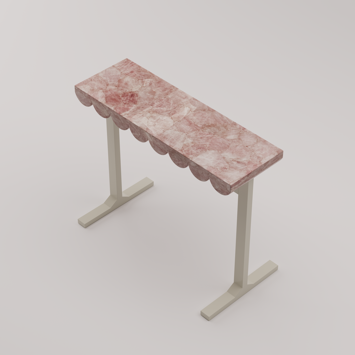 Wave Console Table with pink quartz stone top and oyster white metal base featuring a sculpted scalloped edge