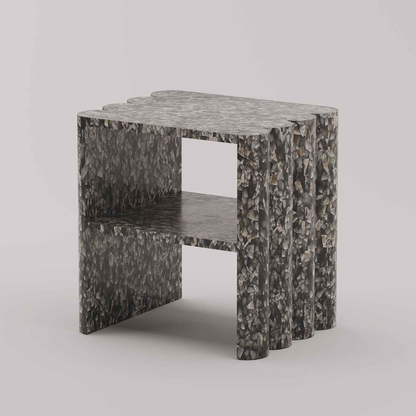 Ondulé Side Table with hand-sculpted scalloped detailing on both sides in black mother of pearl by Pierre Mason