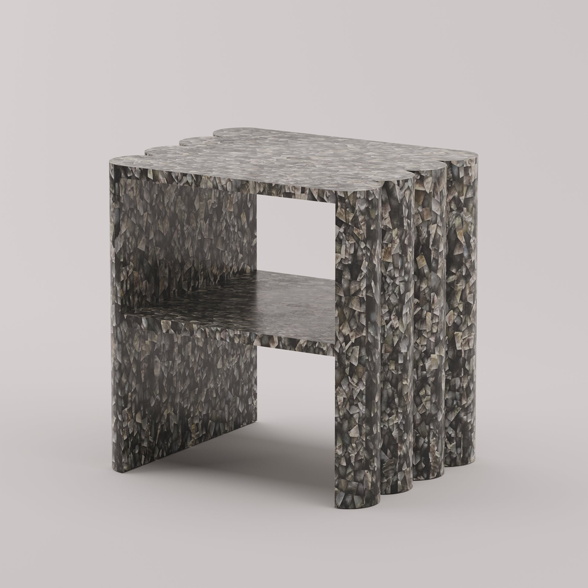 Ondulé Side Table with hand-sculpted scalloped detailing on both sides in black mother of pearl by Pierre Mason