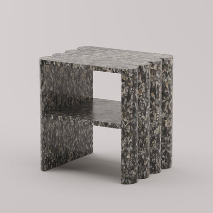 Ondulé Side Table with hand-sculpted scalloped detailing on both sides in black mother of pearl by Pierre Mason