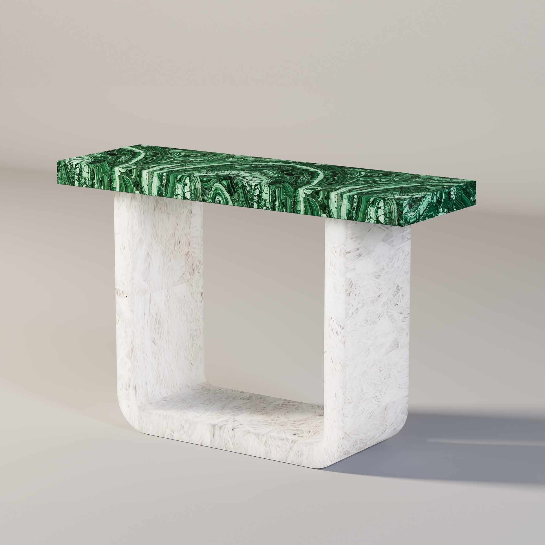 Malachite and white quartz entry table with curved stone base, handcrafted by Pierre Mason