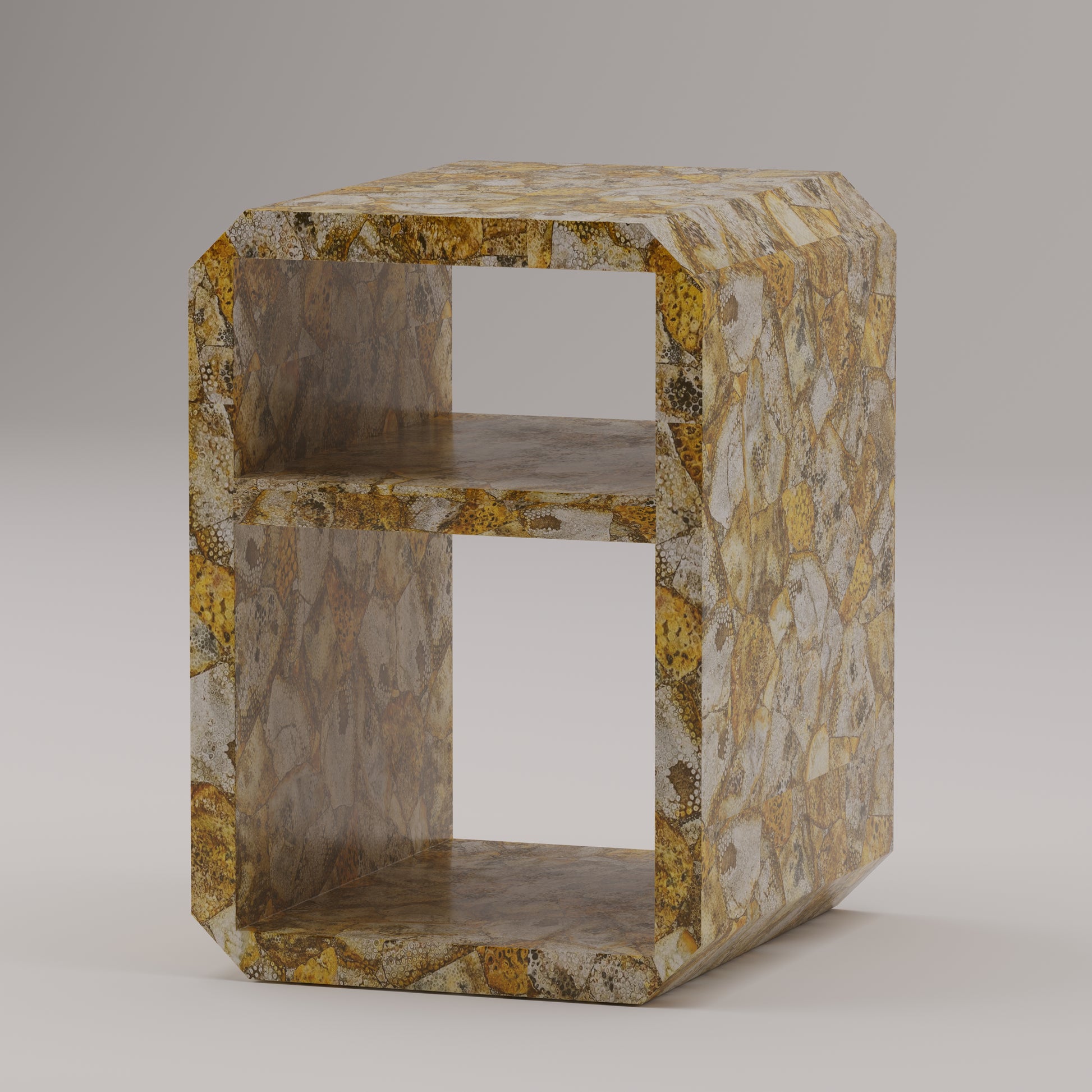 Fossilized coral accent and end table with chamfered edges, handcrafted by Pierre Mason