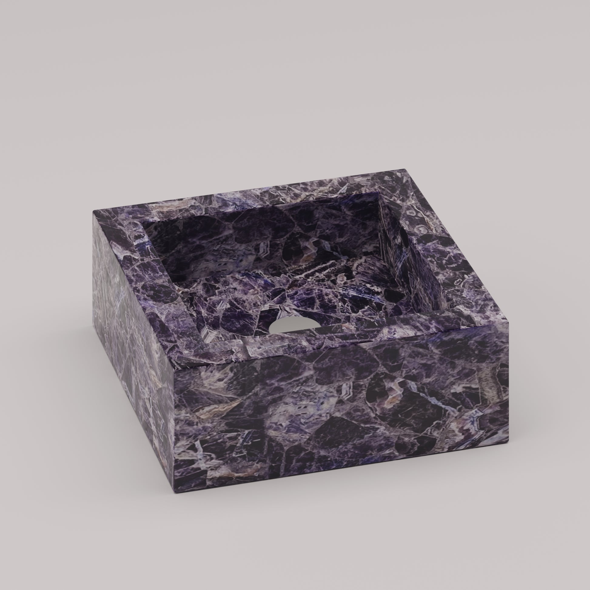 Square vanity sink in polished amethyst stone with rich purple veining and geometric form