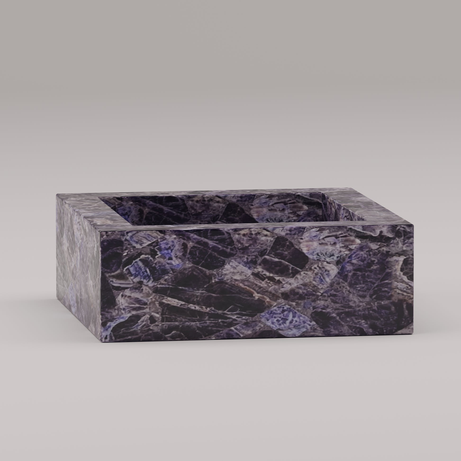 Square vanity sink in polished amethyst stone with rich purple veining and geometric form