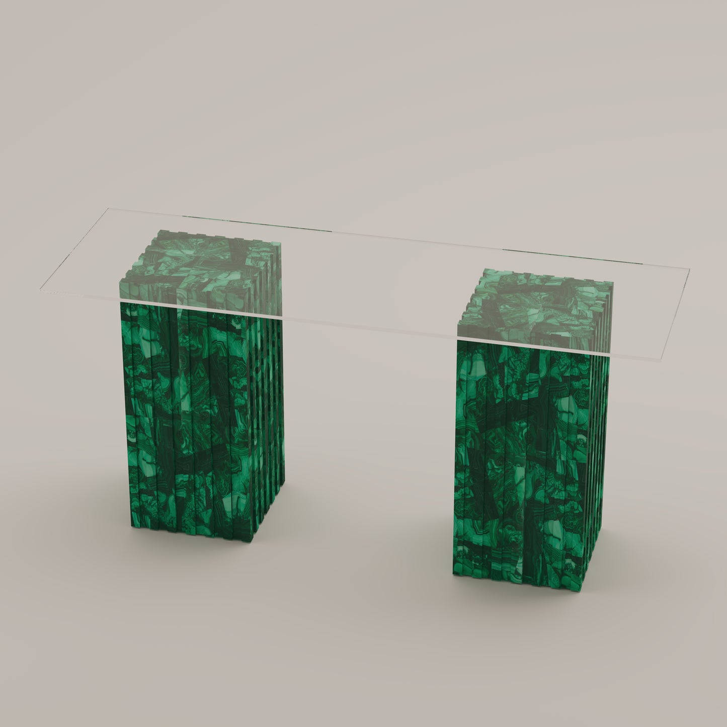 Cannelé Console Table with dual Malachite stone bases and a clear glass top, a bold sculptural design by Pierre Mason