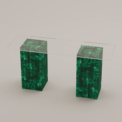 Cannelé Console Table with dual Malachite stone bases and a clear glass top, a bold sculptural design by Pierre Mason